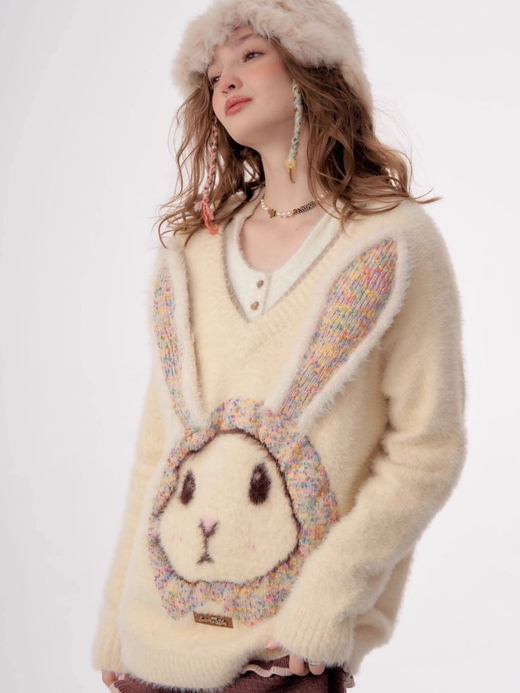 Rabbit V-neck sweater【s0000003796】