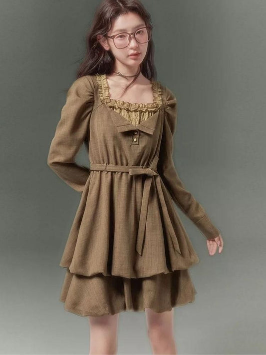 Puff Sleeves Fake Two-piece Flower Dress【s0000003521】