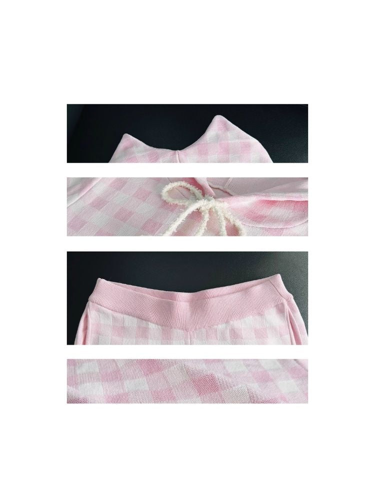 Cat Ears Hooded Short Sleeve Creamy Pink Plaid Knit Pants [s0000007708]