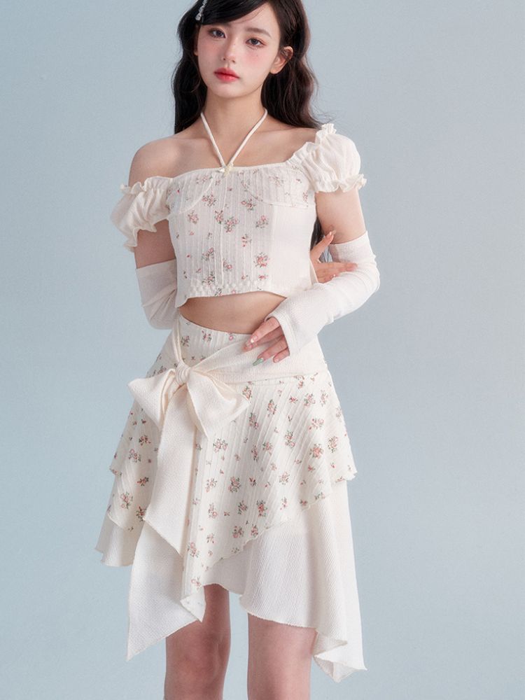 Retro Cream Floral Top / Bow Knot Skirt Set [s0000002006]