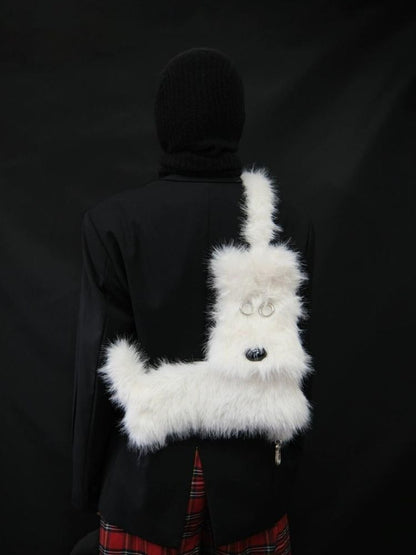 White Terrier Faux Fur Crossbody Plush Bag [s0000005201]