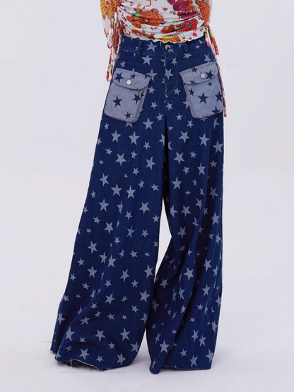 Retro Cute Y2K Star Pattern Wide Leg Loose Mop Jeans Pants [s0000003179]