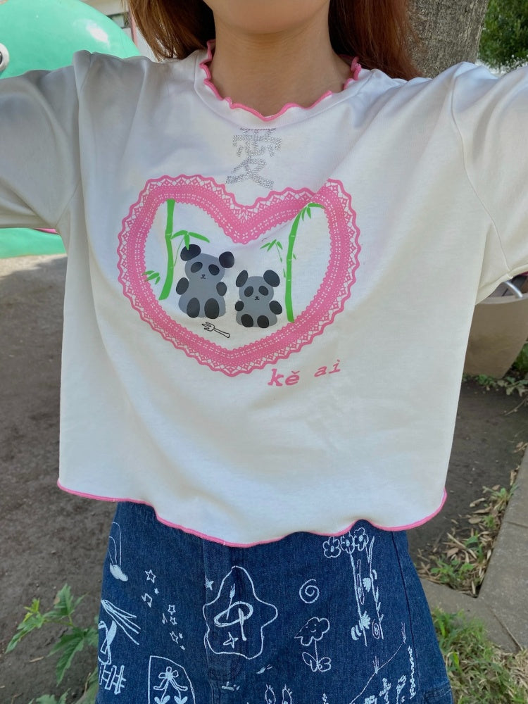 Love Panda Illustration Mellow Hem T-Shirt【s0000003561】