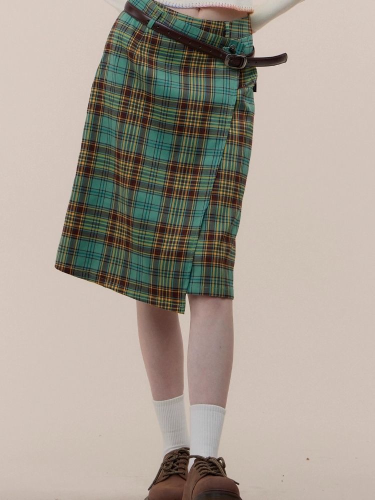 High waist slim green plaid skirt【s0000003118】