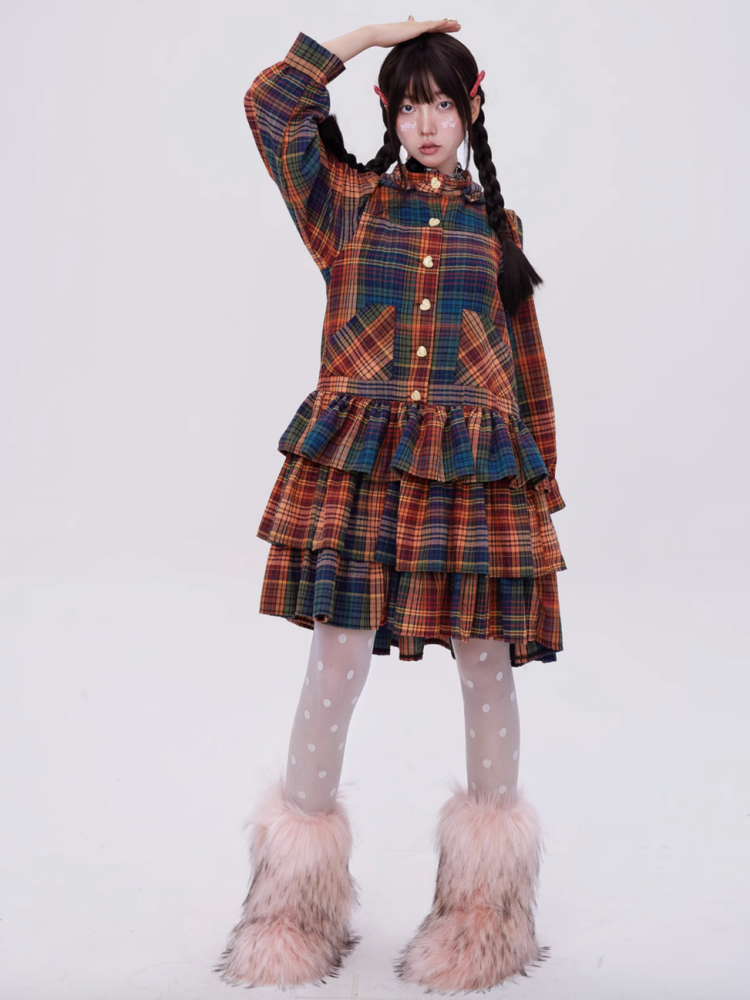 Retro Cute Fluffy Cake Rabbit Ear Plaid Dress【s0000003184】