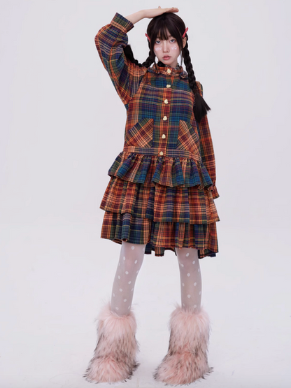 Retro Cute Fluffy Cake Rabbit Ear Plaid Dress【s0000003184】