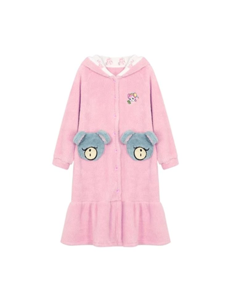 Pink bear coral velvet padded thickened long pajamas【s0000004897】