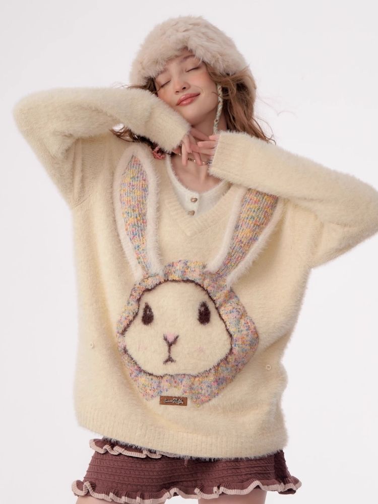 Rabbit V-neck sweater【s0000003796】