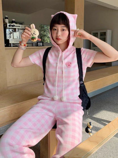 Cat Ears Hooded Short Sleeve Creamy Pink Plaid Knit Pants [s0000007708]