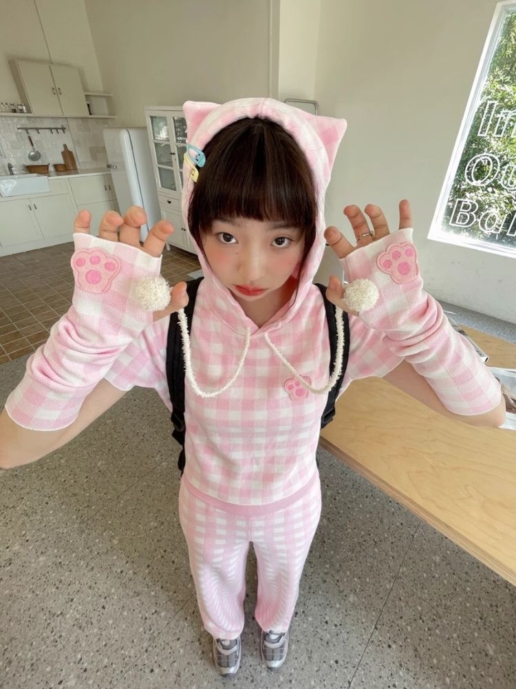 Cat Ears Hooded Short Sleeve Creamy Pink Plaid Knit Pants [s0000007708]