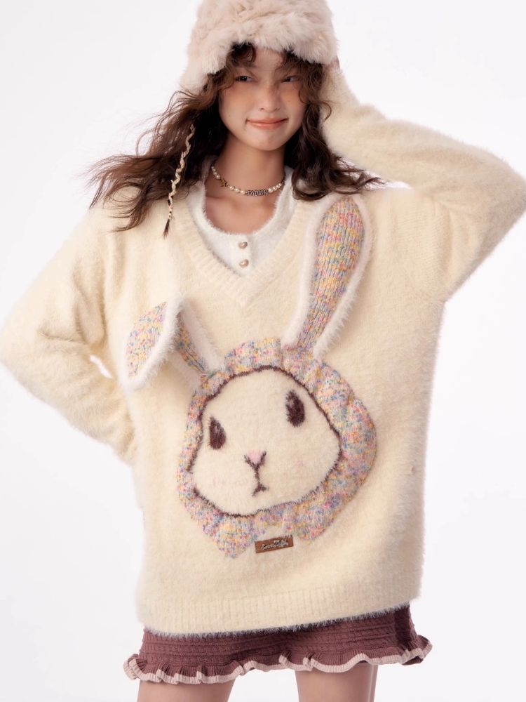 Rabbit V-neck sweater【s0000003796】