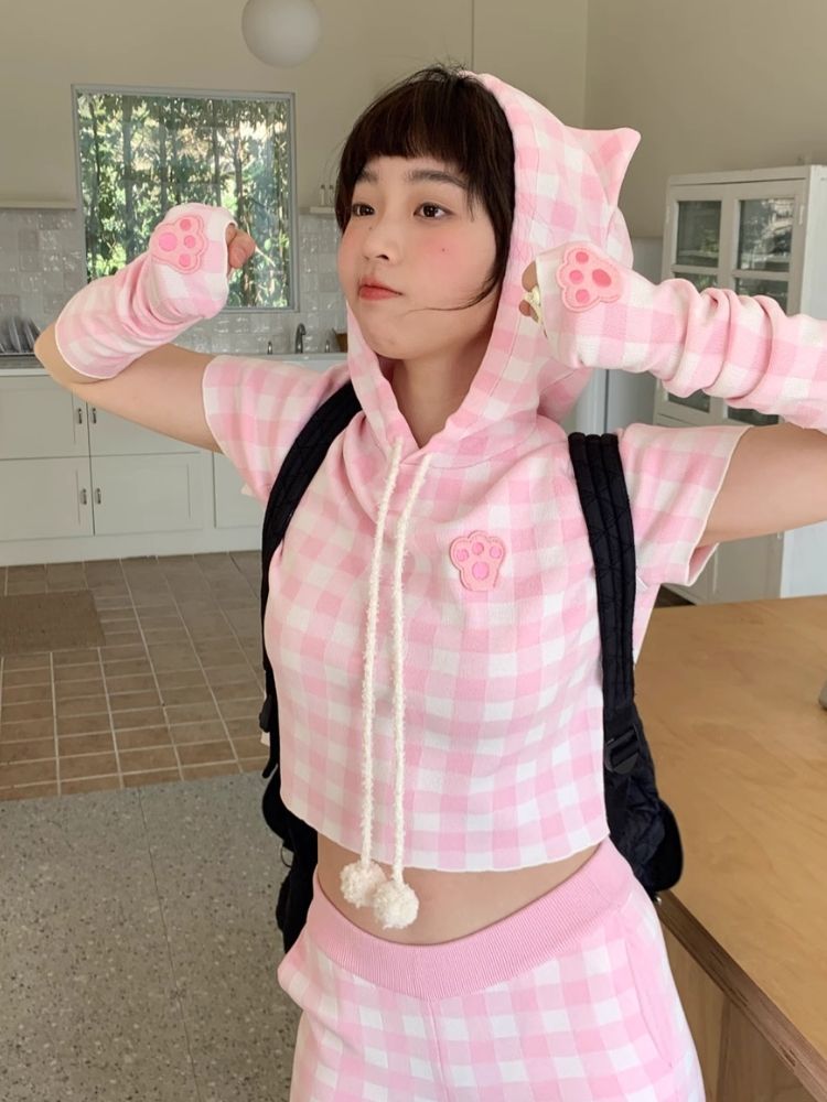 Cat Ears Hooded Short Sleeve Creamy Pink Plaid Knit Pants [s0000007708]