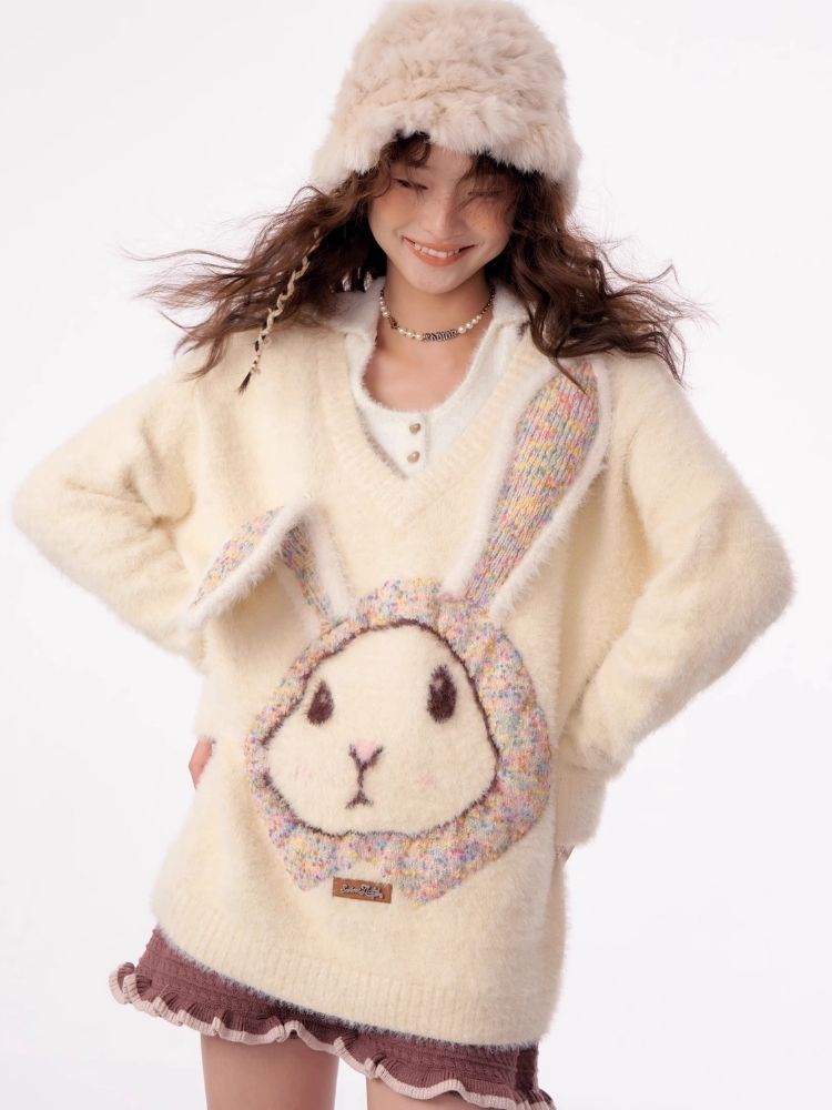 Rabbit V-neck sweater【s0000003796】