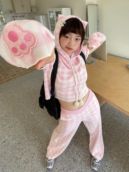 Cat Ears Hooded Short Sleeve Creamy Pink Plaid Knit Pants [s0000007708]