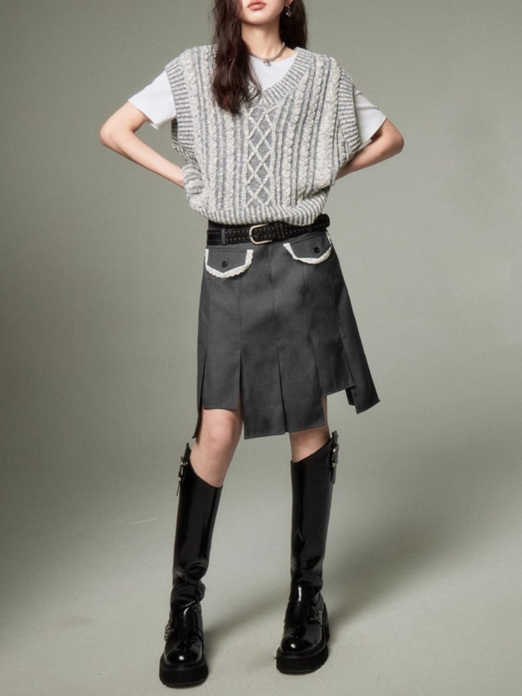 College Girl Style Irregular Hem Pleated Skirt【s0000003196】