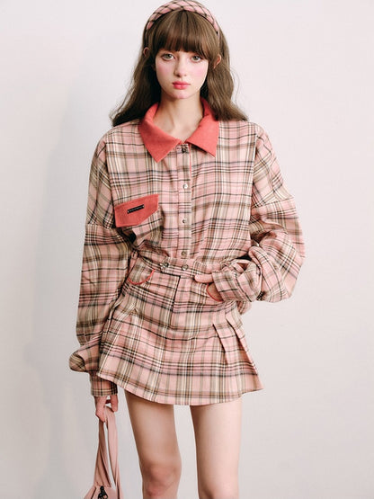 Loose Plaid Shirt & Pleated Mini Skirt【s0000003852】