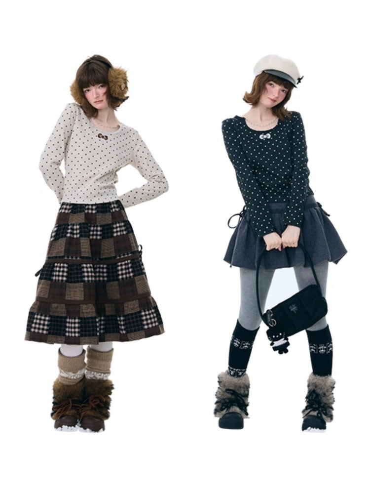 Polka Dot Chain Top Iong Sleeve T-Shirt Slim Knitted Base Shirt【s0000015256】