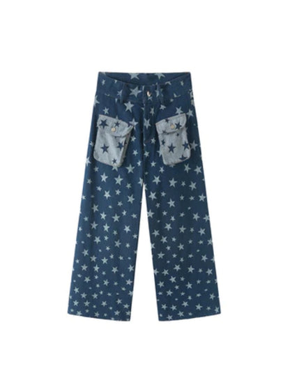 Retro Cute Y2K Star Pattern Wide Leg Loose Mop Jeans Pants [s0000003179]