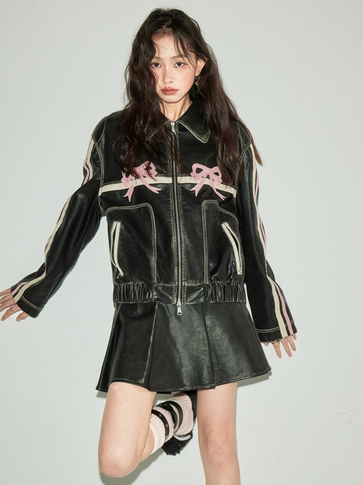 Bowknot Retro Color Painted Leather Jacket【s0000003185