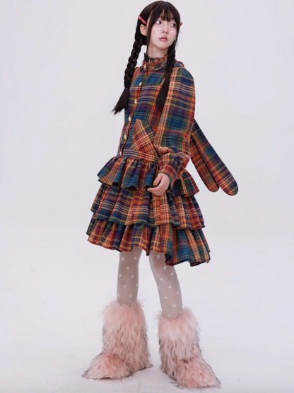 Retro Cute Fluffy Cake Rabbit Ear Plaid Dress【s0000003184】