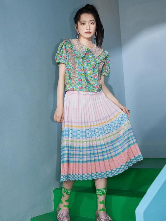 Macaron plaid stripe pattern print pleated skirt【s0000002077】