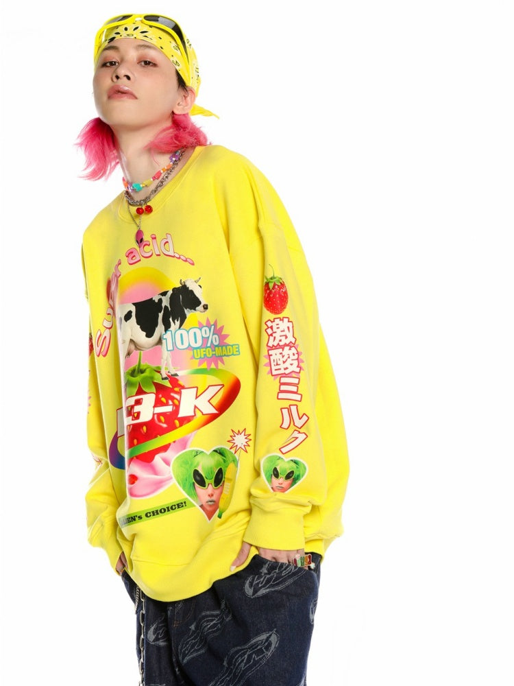 Y2K American Retro Super Acid Milk Print Loose Sweat & Cow Hat【s0000003887】