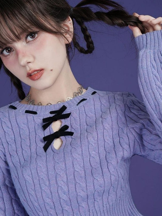 Blue-purple bow twist short sweater【s0000005595】