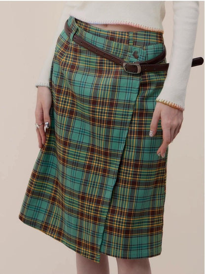 High waist slim green plaid skirt【s0000003118】