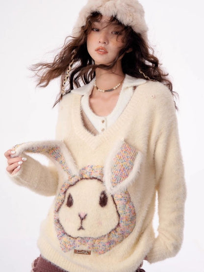 Rabbit V-neck sweater【s0000003796】