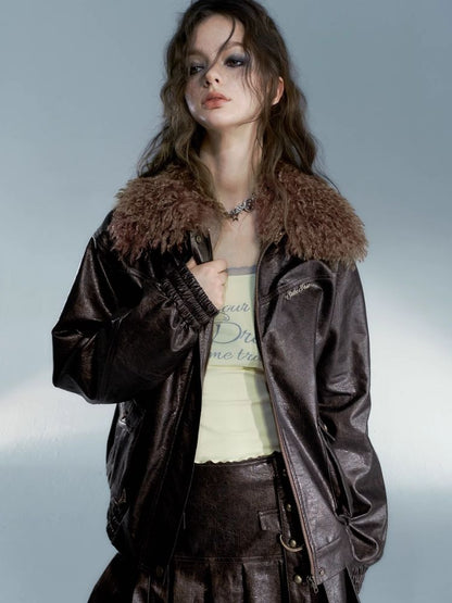 Detachable fur faux leather jacket【s0000004083】