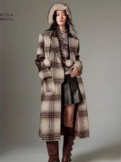 Retro Literary Patchwork Leather Tweed Padlock Coat【s0000004877】