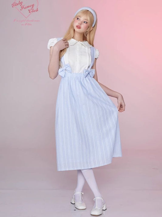 Plaid Bow Tie Back Dress Lace Shirt Set【s0000006357】