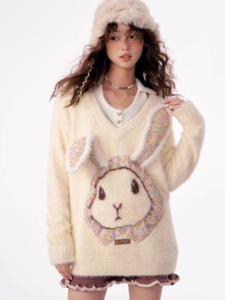 Rabbit V-neck sweater【s0000003796】