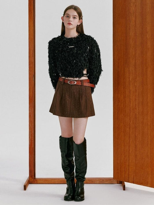 Black Sequin Long Sleeve Short Tops【s0000003369】