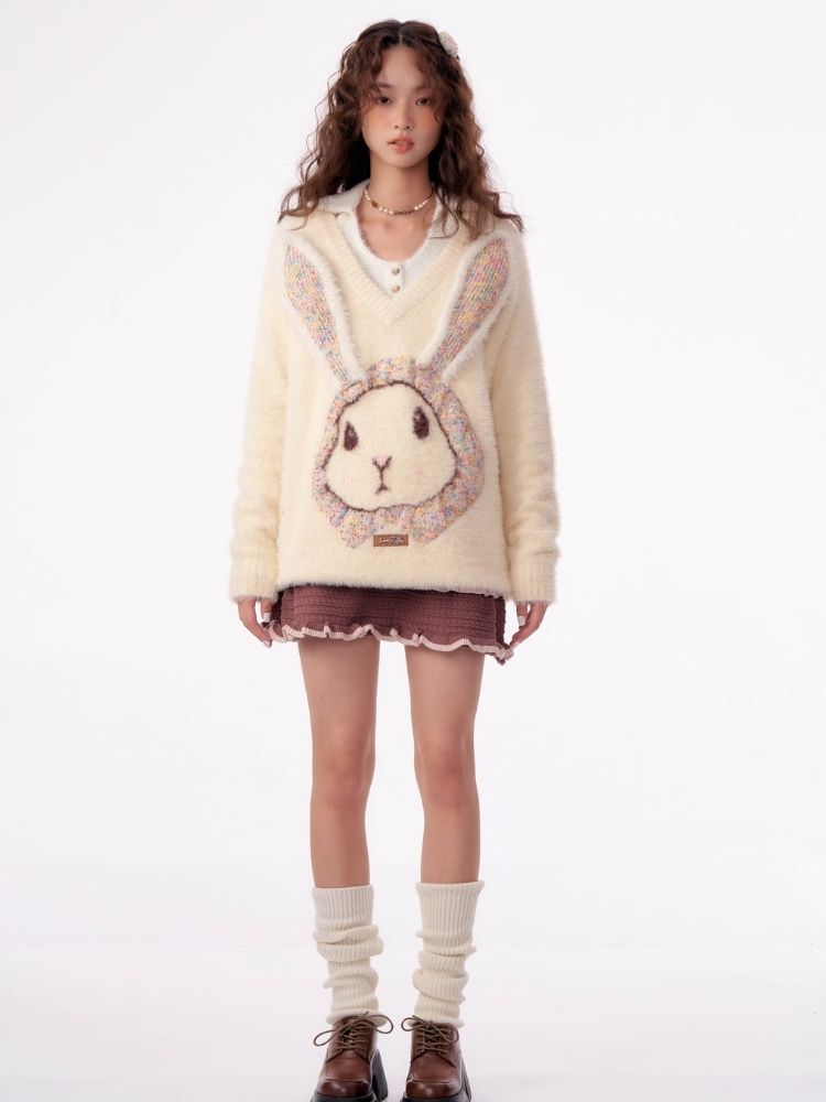 Rabbit V-neck sweater【s0000003796】