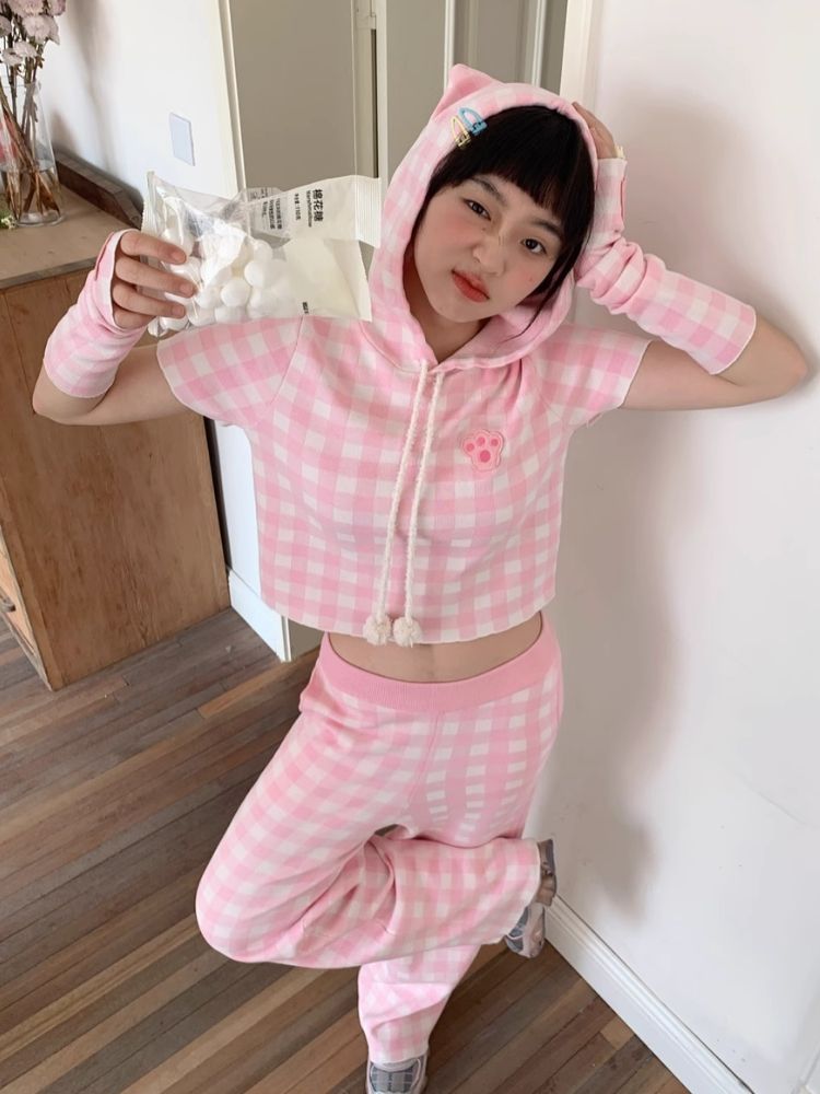 Cat Ears Hooded Short Sleeve Creamy Pink Plaid Knit Pants [s0000007708]