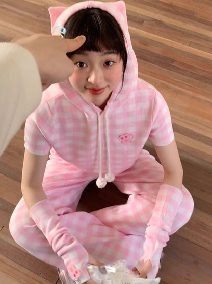 Cat Ears Hooded Short Sleeve Creamy Pink Plaid Knit Pants [s0000007708]