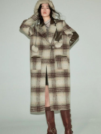 Retro Literary Patchwork Leather Tweed Padlock Coat【s0000004877】