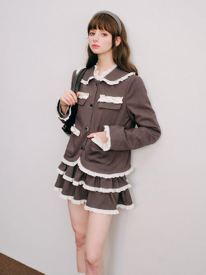 Lace Stitch College Taste Jacket &amp; Puffy Mini Skirt【s0000003853】