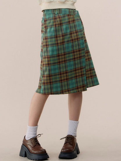 High waist slim green plaid skirt【s0000003118】