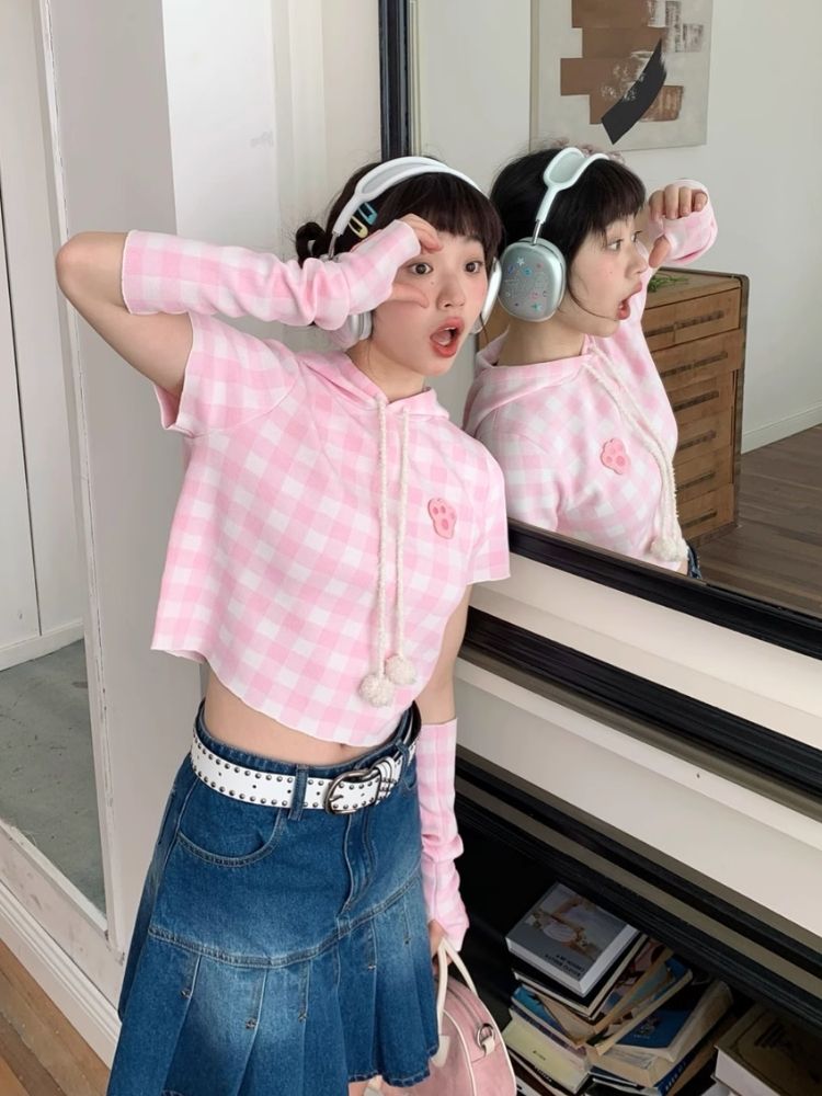 Cat Ears Hooded Short Sleeve Creamy Pink Plaid Knit Pants [s0000007708]