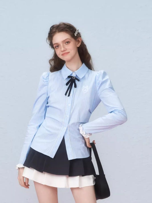 Bow Striped Bubble Sleeve Embroidered Blouse【s0000006316】