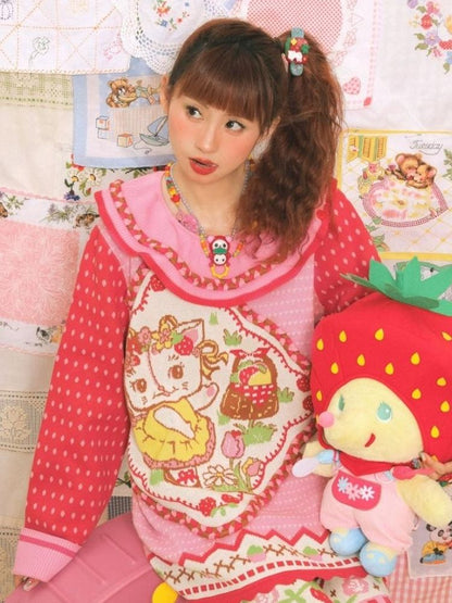 Strawberry jacquard pullover sweater【s0000003728】