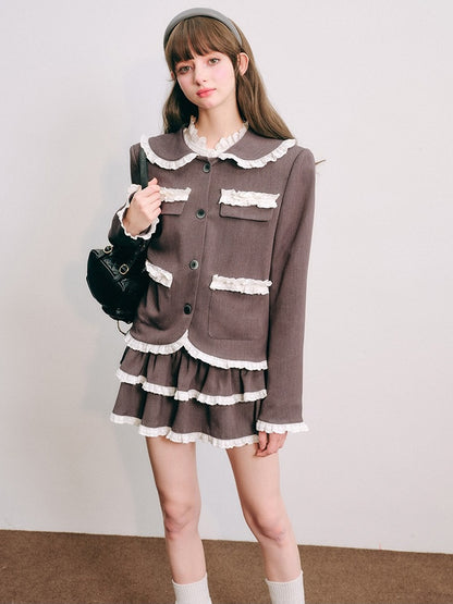 Lace Stitch College Taste Jacket &amp; Puffy Mini Skirt【s0000003853】