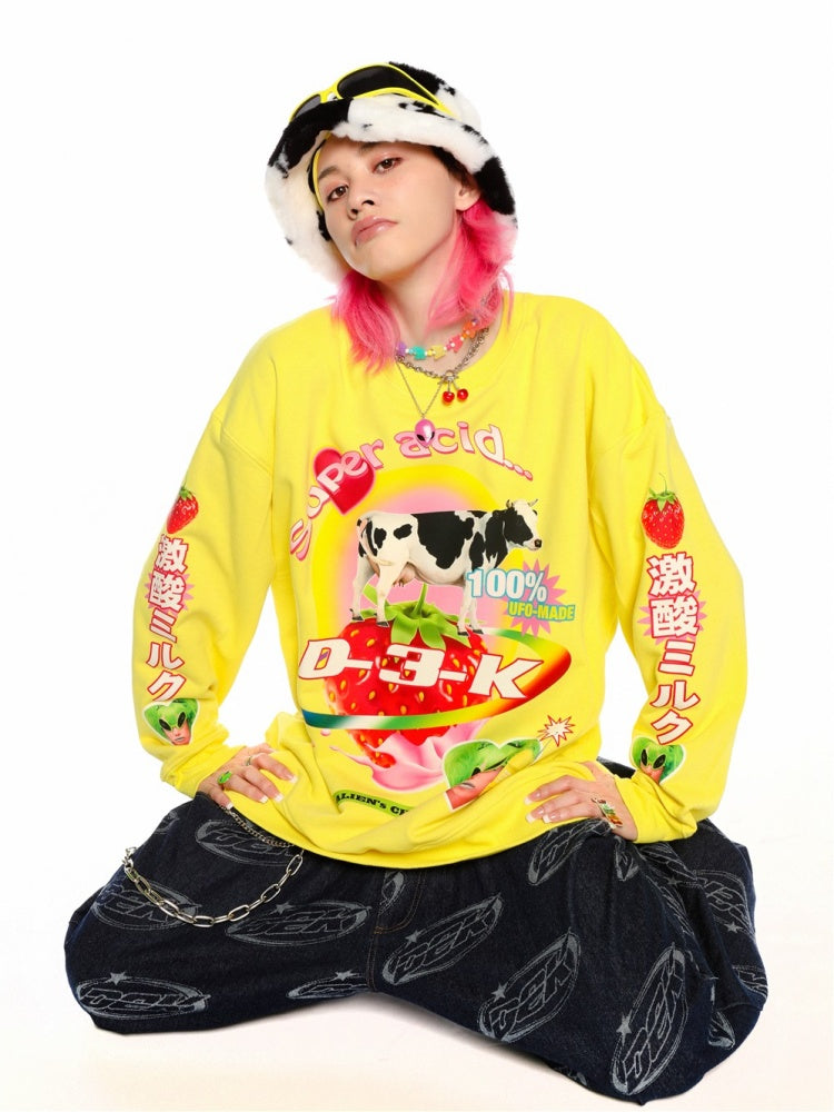 Y2K American Retro Super Acid Milk Print Loose Sweat & Cow Hat【s0000003887】