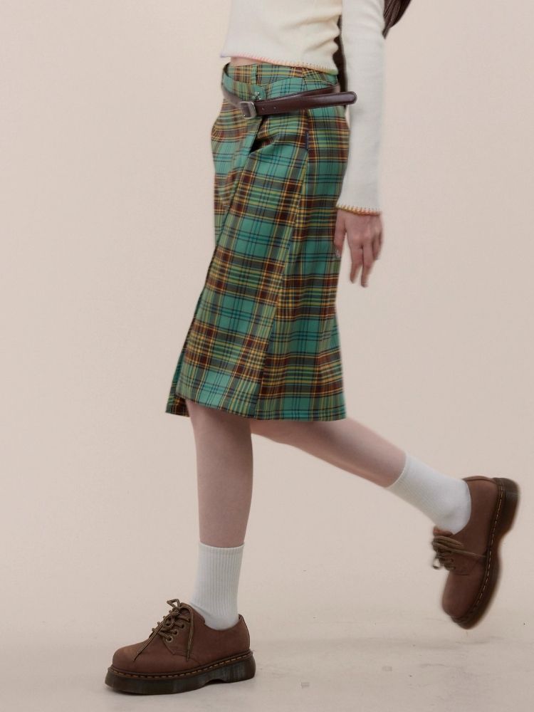 High waist slim green plaid skirt【s0000003118】