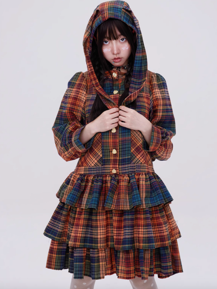 Retro Cute Fluffy Cake Rabbit Ear Plaid Dress【s0000003184】