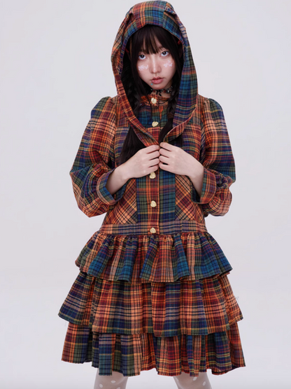 Retro Cute Fluffy Cake Rabbit Ear Plaid Dress【s0000003184】