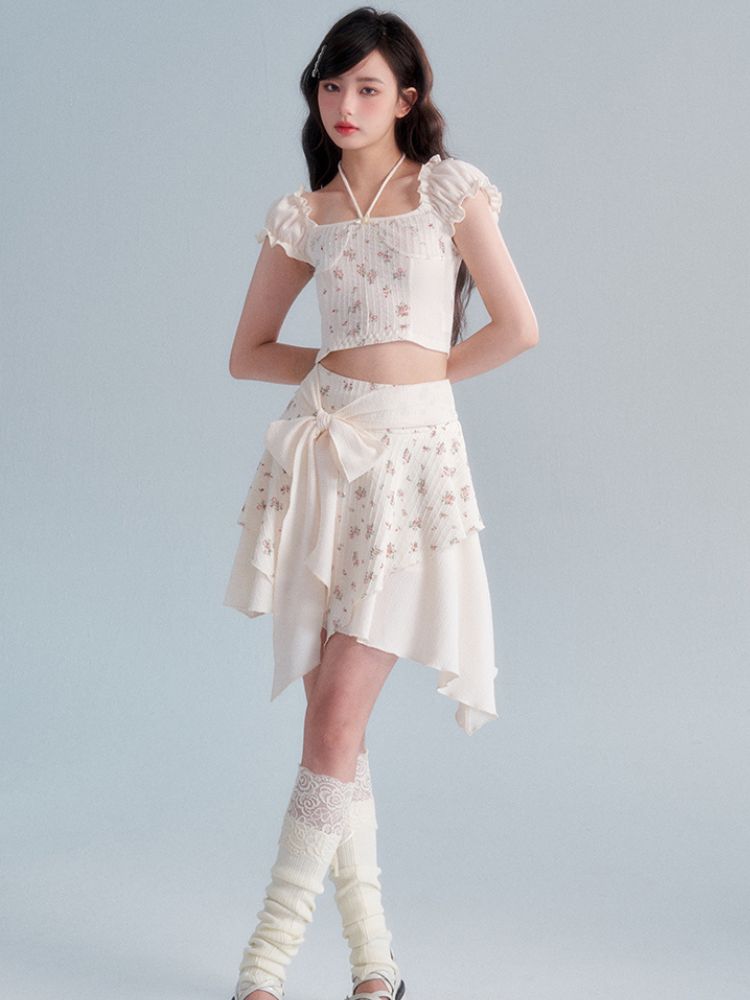 Retro Cream Floral Top / Bow Knot Skirt Set [s0000002006]