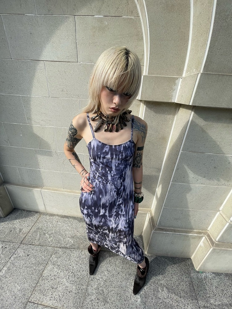 Tribal Print Mesh See-Through Sexy Backless Camisole Dress【s0000003892】